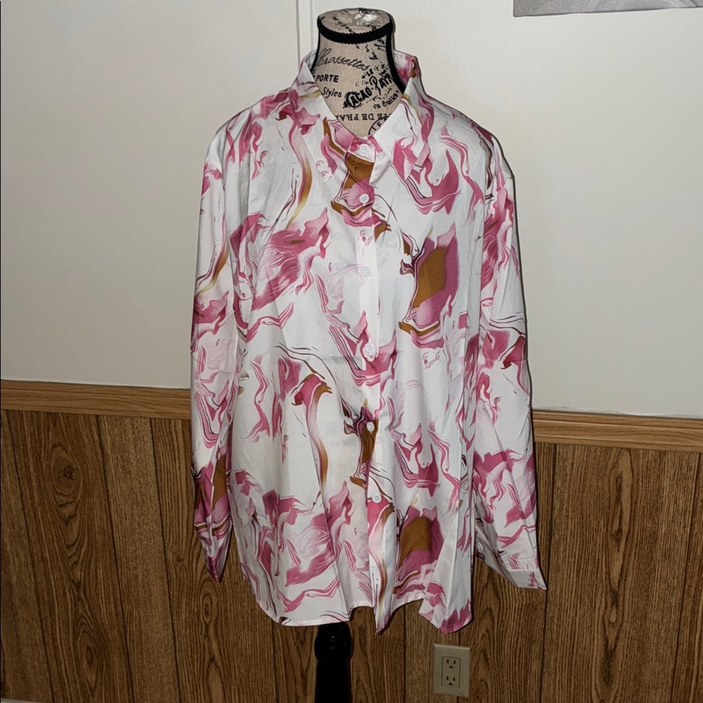 Pink and Brown Marble Print Button Down Blouse Long Sleeve Button Cuffs 2XL nwt